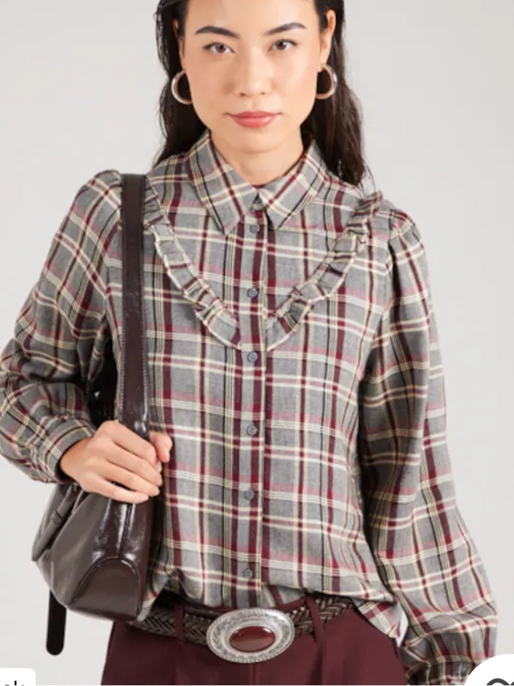 Only Plaid Ruffle-Yoke Button-Down Top in Gray and Burgundy XL new (fits L)